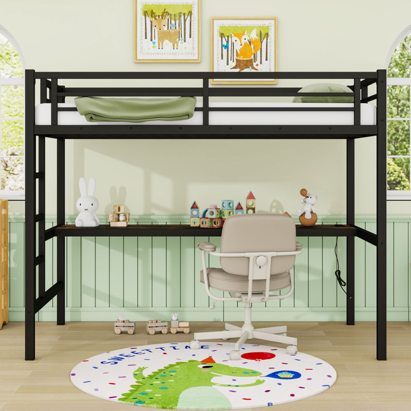 Metal Loft Bed With Charging Station And LED Lights And Built-In Desk, Extra-Long Twin