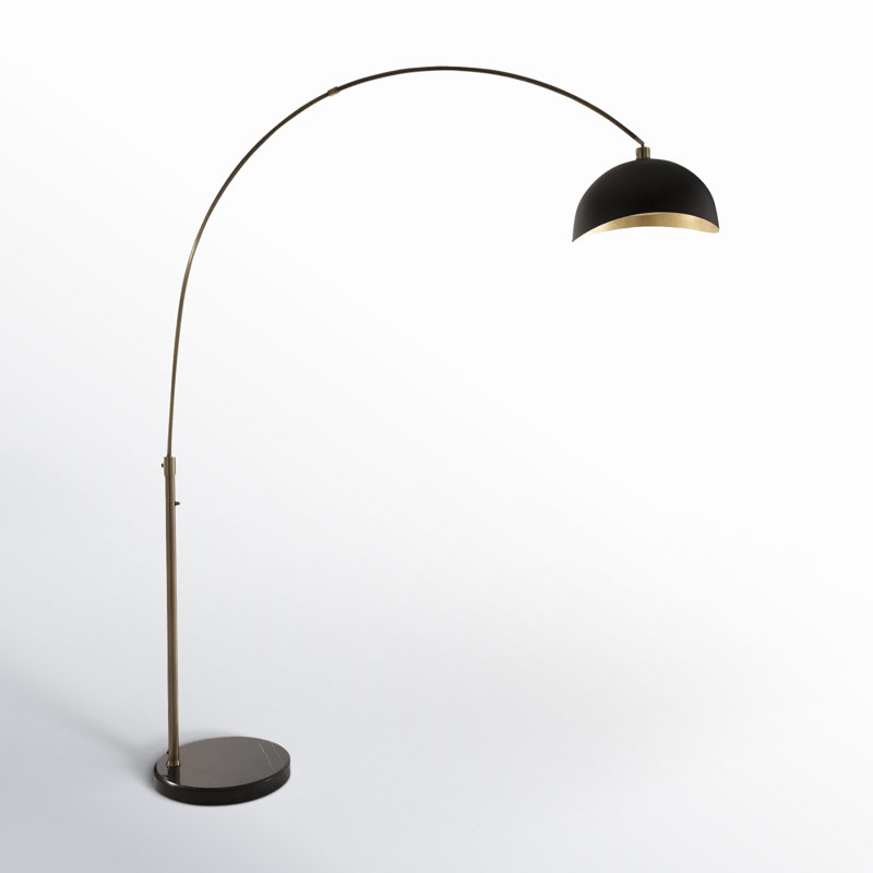 Lampe sur pied à DEL arquée moderne de qualité supérieure de 92 po Luna Bella, noir mat, laiton patiné avec abat-jour en feuille d'or, base en marbre noir, gradateur à gamme complète