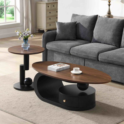 Tables basses gigognes 2 pièces noires et brunes pour le salon, ovales 47,24 po rondes 19,69 po, stable de luxe avec espace de rangement principal, construction, patins