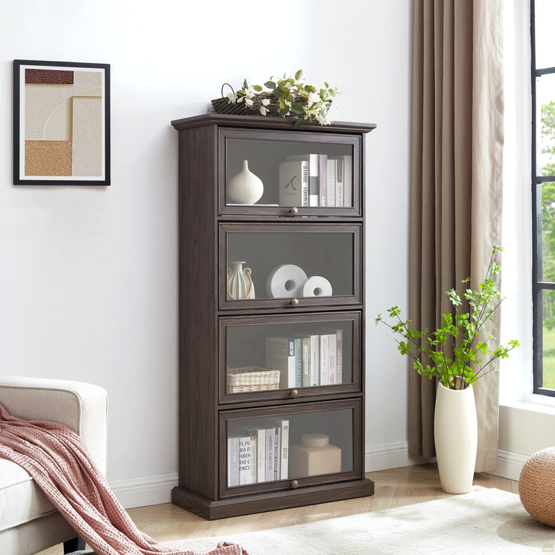Cabinet 4 Tier Glass Display Cabinet Storage Curio Cabinet With Flip Up Glass Doors, Brown