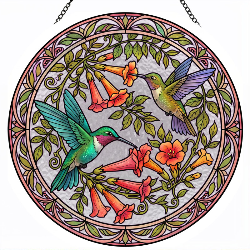 Vitrail de vitrail Hummingbird Floral - 7,8 H, 7.8"H