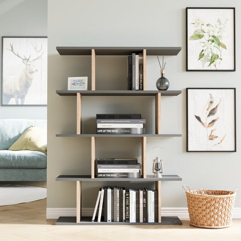 Modern Bookshelf with Numerous Shelves, Anthracite & Oak, 35.4 x 9.8 x 50.2 inches | 100% Melamine Coated Particle Board, Thickness: 0.7 inches | Wall-Mountable Design for Stylish Storage & Display Solutions