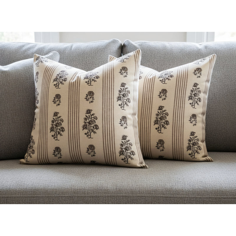 2-Piece Floral Pattern Throw Pillowcase Set, 18.2X18.2 Inches, Brown, Unisex Floral Stripe Design, Farmhouse Style, Soft And Comfortable, Suitable For Sofas, Beds, And Home Decor.