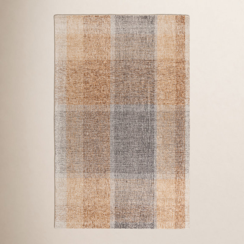 Light Brown Blue Hand-Tufted Geometric Wool Rug, Rectangle 3' x 5'