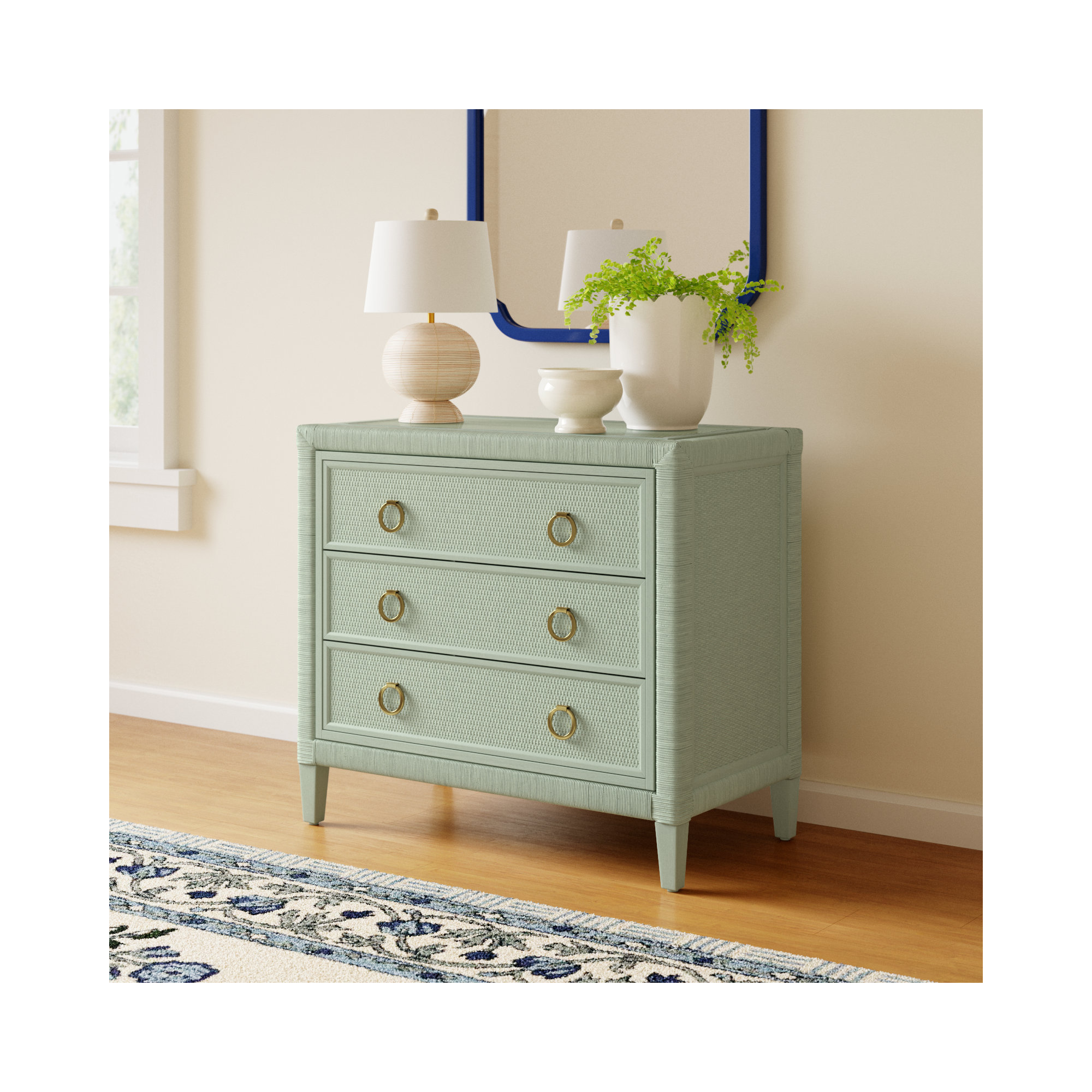 Warwick 3-Drawer Wicker Chest, Satin Brass, Celery