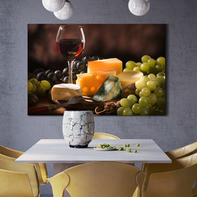 Hughlon, toile encadrée, nature morte, verres à vin, fromage, fruits, art mural, peinture, scène de salle à manger, décoration pour restaurant, salle à manger, salon, salle de bain, chambre à coucher, prêt à être accroché sur toile