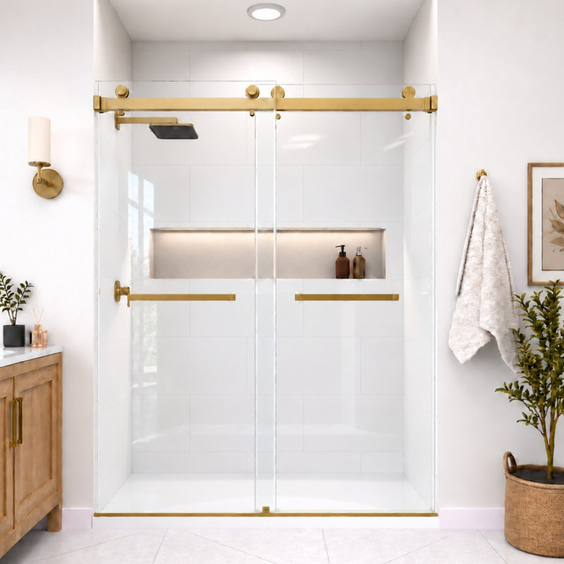 Porte de douche coulissante double en bronze brossé avec verre transparent 3/8 po Catalyst, L 60 po x H 76 po, Bronze brossé