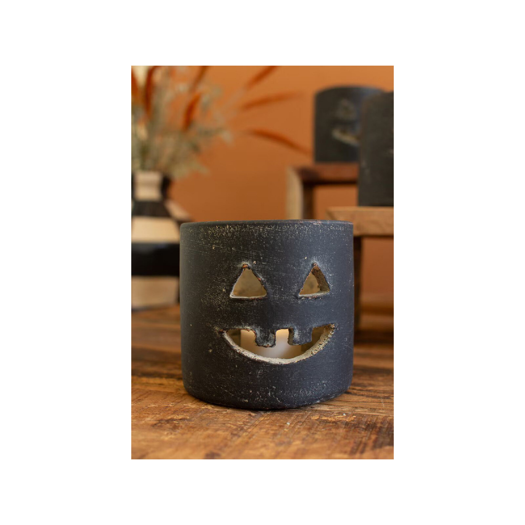 SHORT BLACK CLAY JACK-O-LANTERN, 4" H x 4" W x 4" D