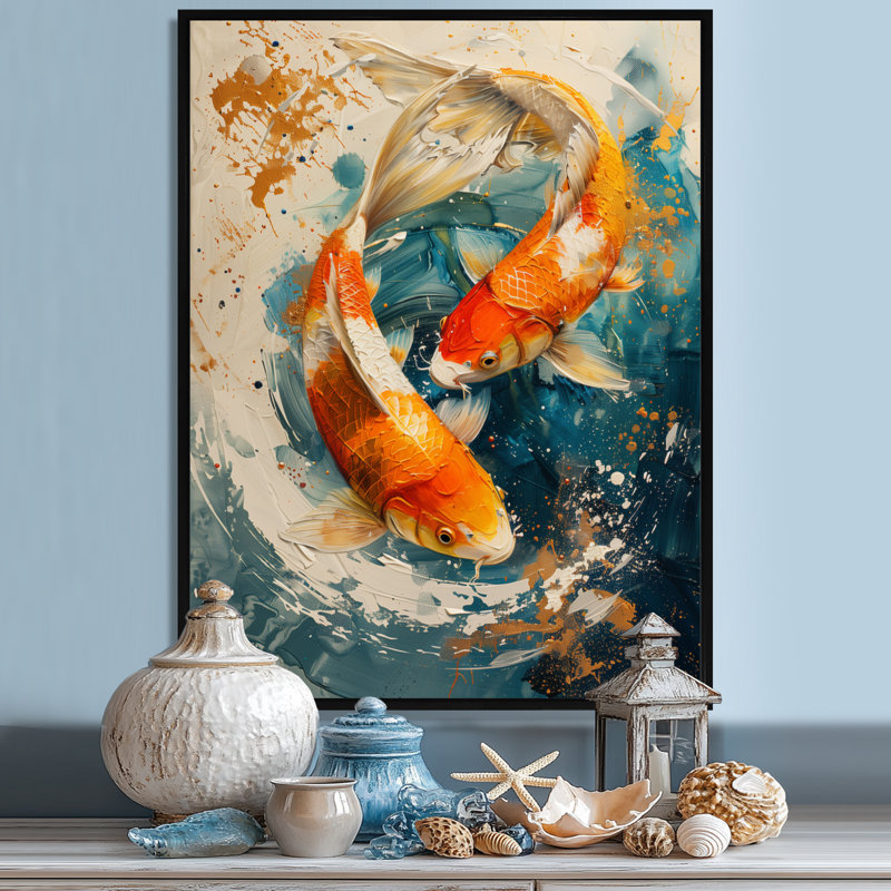 Orange, vert, poisson passionné, poisson Koi I - poisson, art mural, Cadre flottant noir, H 20 po x l 12 po x P 1 po
