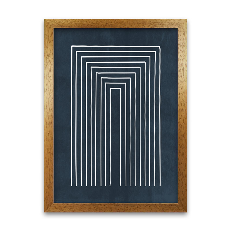 Lino Style Blue Geometric Lines - Print, Oak Frame, 59cm H x 42cm W x 3cm D