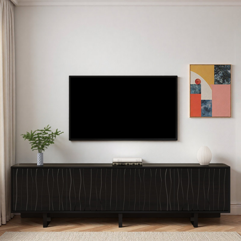 Meuble télé de style rétro avec panneau ondulé, grand espace de rangement et gestion des câbles, Noir