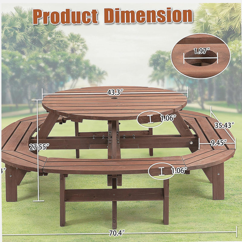 10-12-person Round Outdoor Wooden Picnic Table for Patio, Backyard, Garden, DIY with 1 Built-in Ring Stool, 500-lb Weight Capacity - Walnut Brown