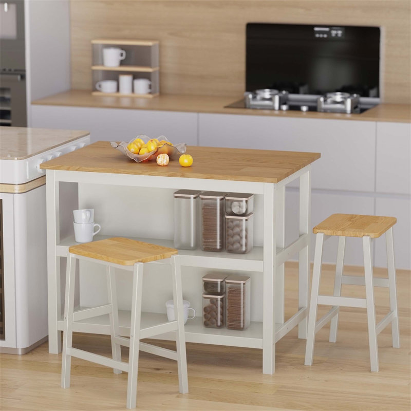 Ensemble de table de salle à manger 3 pièces, avec table fixe, Blanc