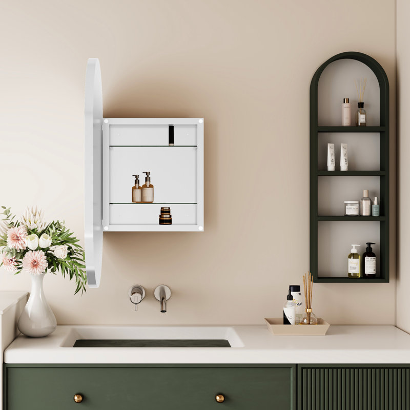 Armoire de salle de bain ovale encastrée en métal avec miroir - 20 x 34 po, tablettes réglables, blanc pour la décoration, cadre mural 20,94 x 4,39 po, compact