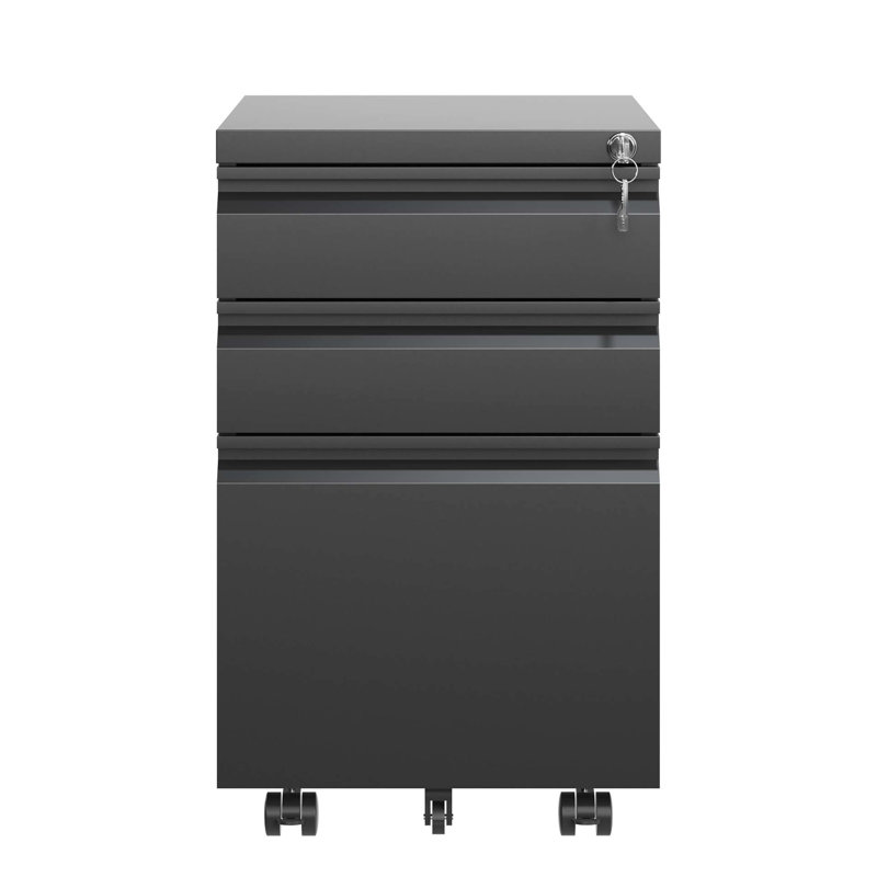 Classeur mobile à 3 tiroirs, métal, noir, entièrement assemblé, documents de bureau sécurisés, rangement pour équipement verrouillable en métal noir à roulettes lisses, design moderne sélectionné