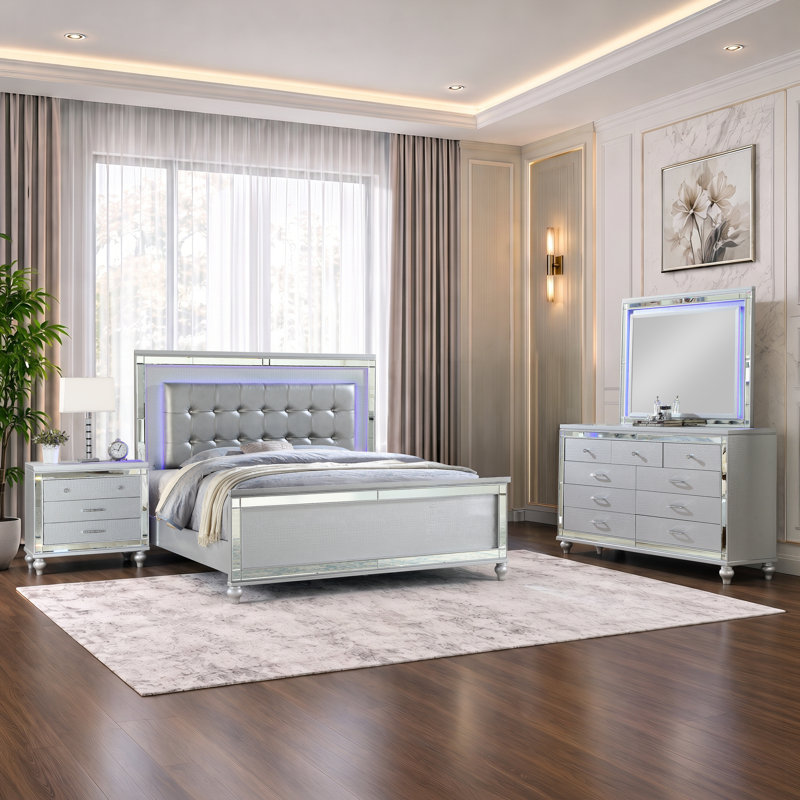 Denard Upholstered Standard 4 Piece Bedroom Set, Silver, Queen, 4 Pcs: Bed, Nightstand, Dresser, Mirror