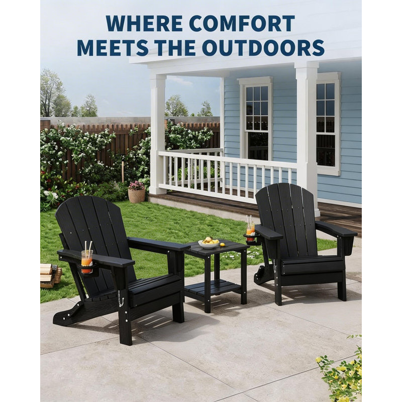 Folding Adirondack Chair Set of 2, with Cup Holder, Black