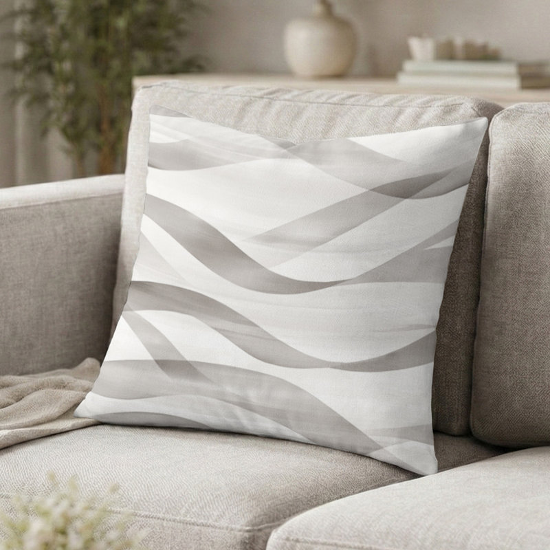 Coussin décoratif abstrait à motif de lignes beige et gris, H 18 po x l 18 po