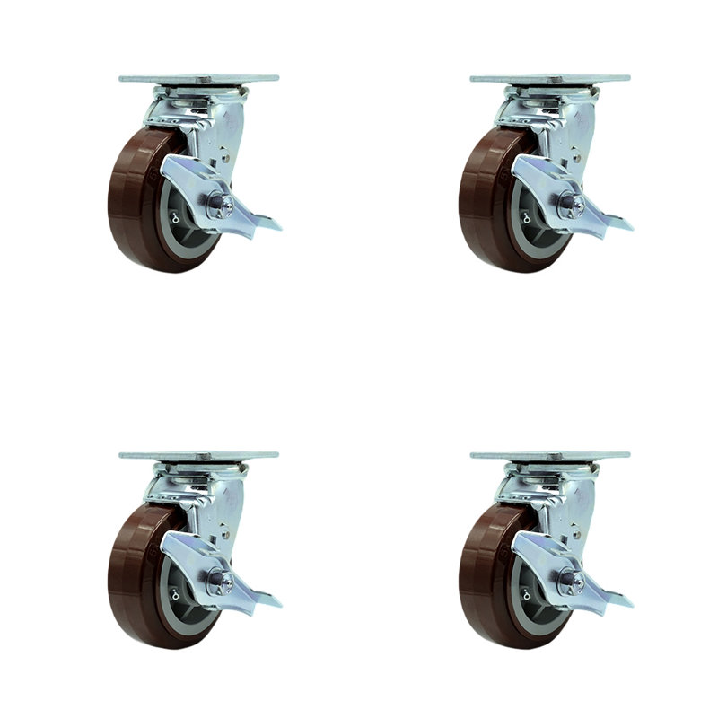 Ensemble de roulettes en polyuréthane 4 pièces avec roulement à rouleaux 4 freins et 2 verrous pivotants