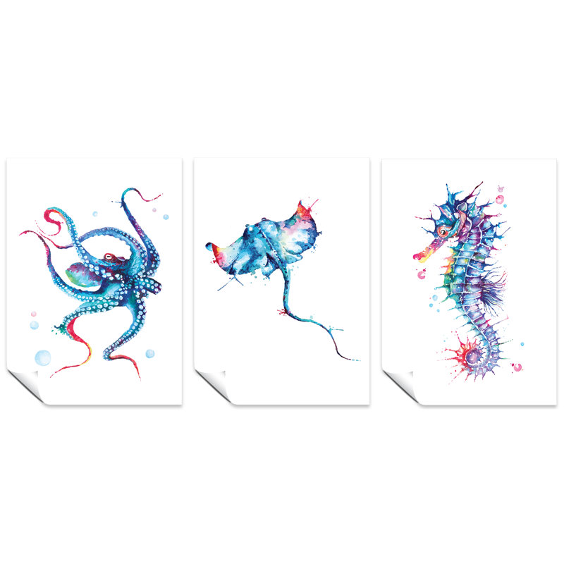 Octopus, Seahorse, And Stingray Bathroom - 3 Piece No Frame Print Set, 29.7cm H x 21cm W