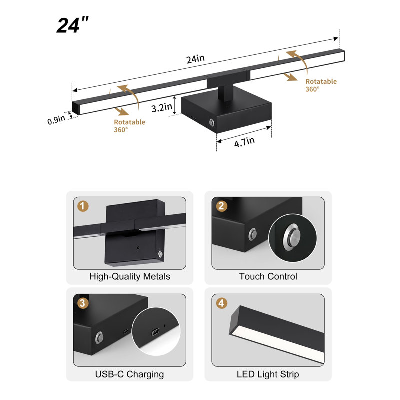 Applique murale noire à pile avec télécommande | Ensemble de deux appliques murales rechargeables sans fil 3000/4500 / 6000K à intensité variable 8000Mah avec minuterie