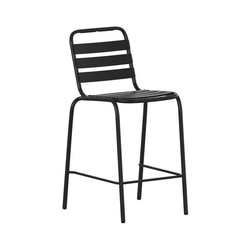 Tabouret de bar commercial à l'intérieur et à l'extérieur avec dossier à trois lattes en métal, Noir