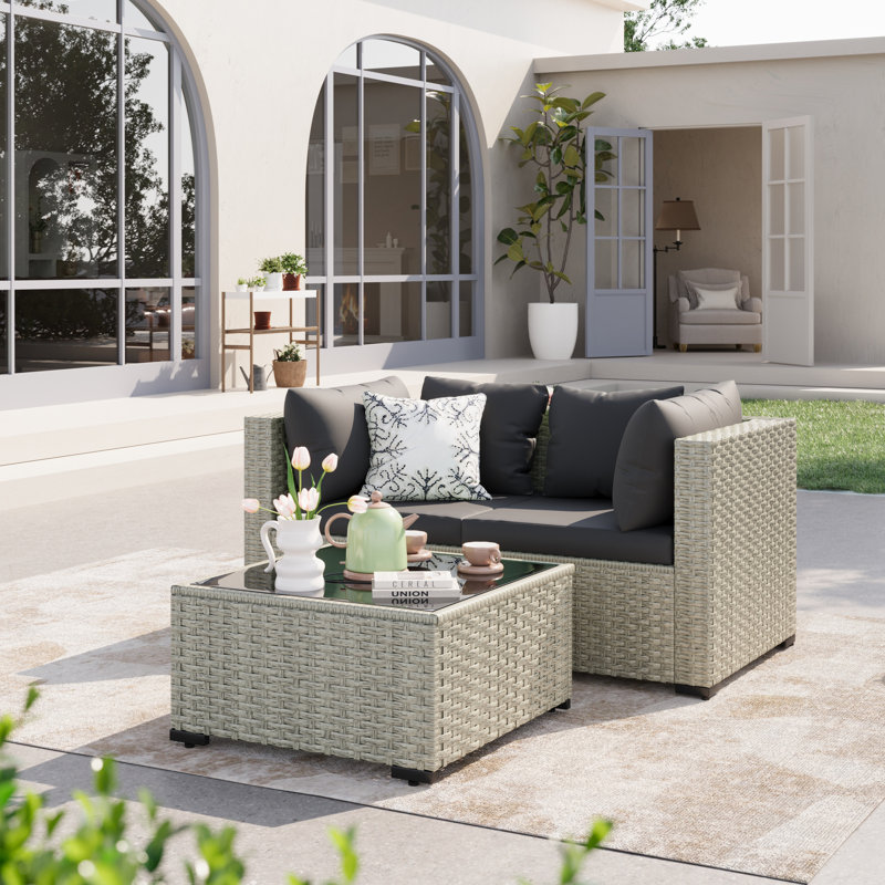 Ensemble de canapé modulaire en osier 3 pièces avec coussins et table basse, Noir