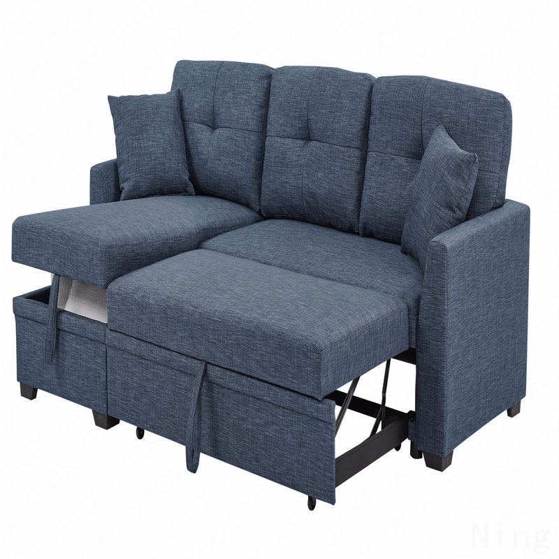 Canapé modulaire 76,5 po en mélange de lin avec lit escamotable et rangement pour chaise longue, Bleu très foncé