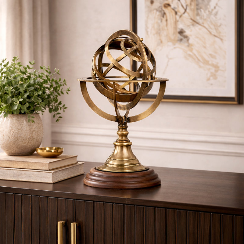 Decorative Brass Armillary Sphere with Wood Base for Desk or Shelf Display