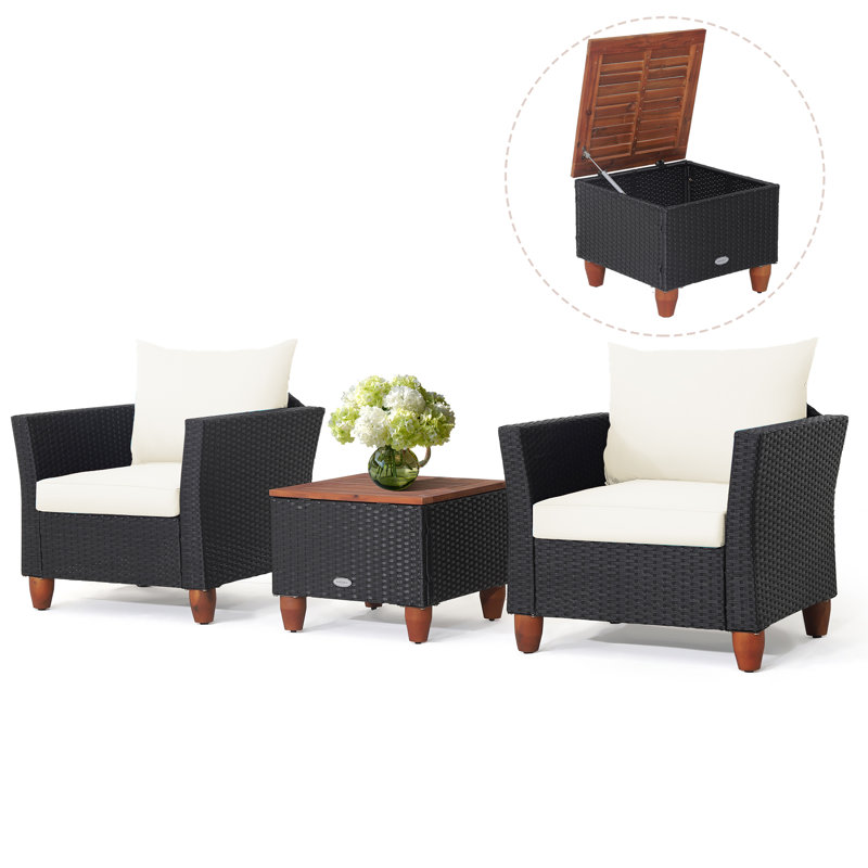 Set of 3 Rattan Bistro Furniture Set Wooden Table Top Cushioned Sofa Patio, White, Black