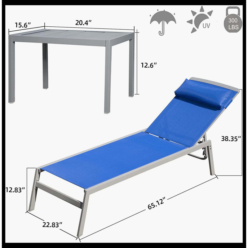 Ensemble de chaises longues pour patio, ensemble de 3 chaises longues de piscine à dossier réglable en aluminium de qualité supérieure avec tissu Textilene, fauteuils inclinables confortables pour bronzer avec repose-tête doux (bleu, 2 chaises longues + 1 table)