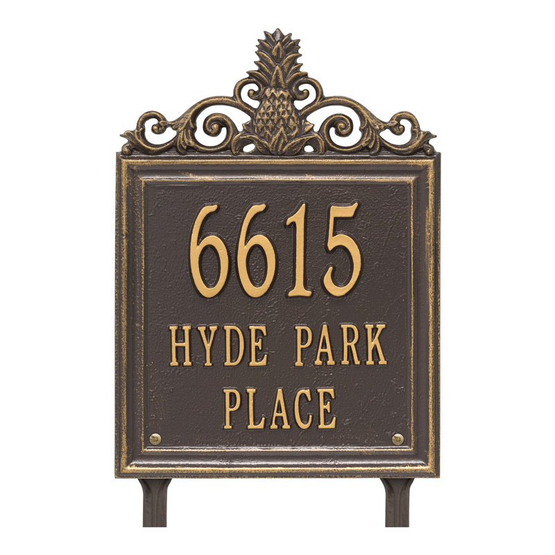 Lanai Pineapple Personalized Standard 3-Line Lawn Address Sign, Bronze/Gold, Yes