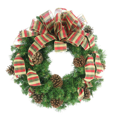 26" Evergreen Wreath With Pinecones And Plaid Ribbon
