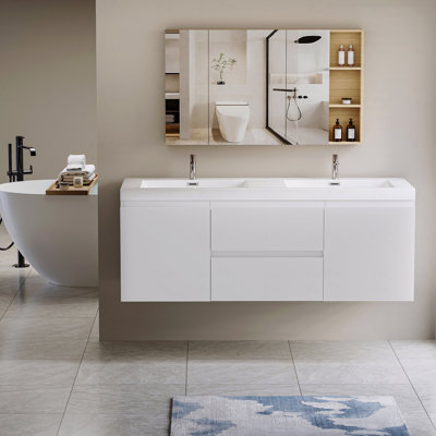 Meuble-lavabo flottant, meuble-lavabo mural moderne avec lavabo à surface solide et tiroirs à fermeture en douceur