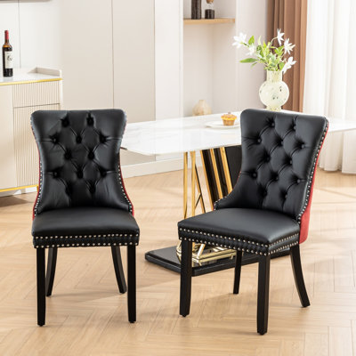 Chaises de salle à manger de luxe, revêtues d'unité centrale et de velours, pieds en bois, garniture cloutée, 2, noir + bourgogne, revêtement de style Sw2101bw, uni 2,