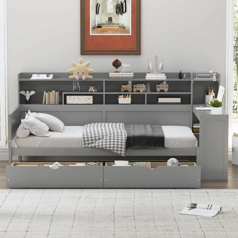 Lit de jour en bois avec tablettes de rangement, lit multifonctionnel avec deux tiroirs de rangement et bureau d'étude, Gris