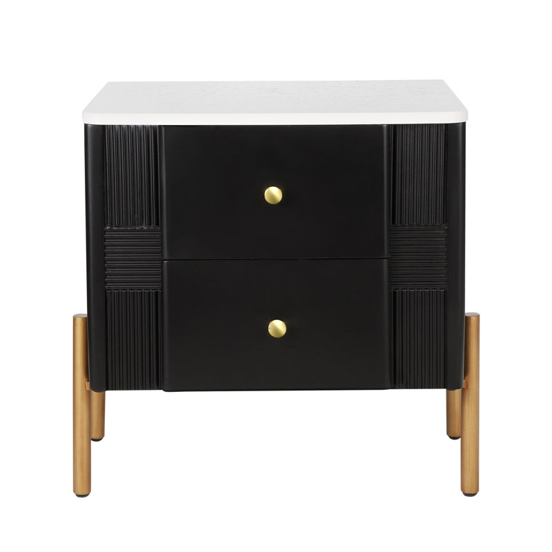 Table de chevet moderne avec 2 tiroirs de rangement, table de chevet cannelée avec poignées et pieds en métal doré, table de bout pour le salon et la chambre à coucher, assemblage facile, noir