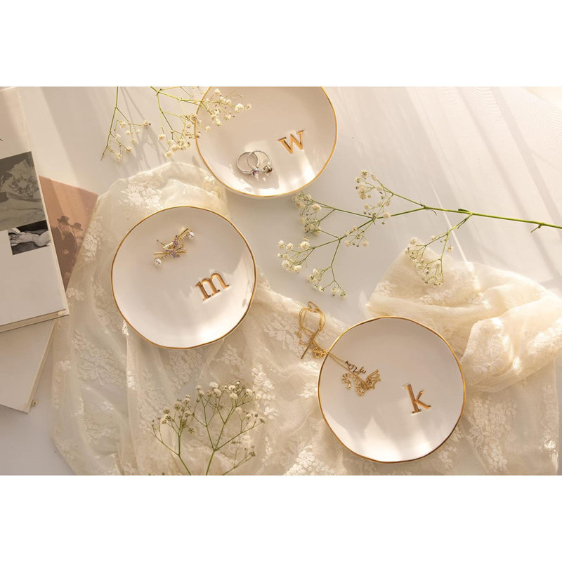 Ceramic Jewelry Tray, Decorative Trinket Dish For Rings Earrings Necklaces Bracelet Watch Keys, Birthday Mother's Day For Women, 4.75", White Surface (S)