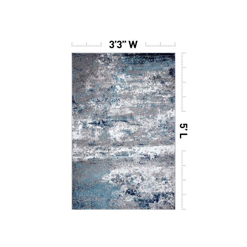 Willington Abstract Gray/Blue Rug, Rectangle 3'3" x 5'