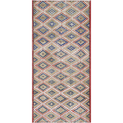 Tapis de couloir unique en laine noué à la main de style années 1960 de 3 pi 9 po x 7 pi 8 po en rouge / crème / bleu