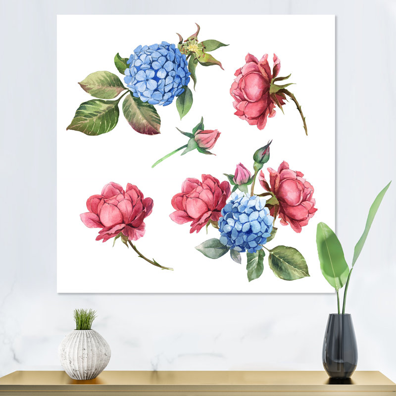 Rose rose et hortensia bleu avec feuilles - Peinture sur toile, H 16 po x l 16 po x P 1 po, Toile tendue