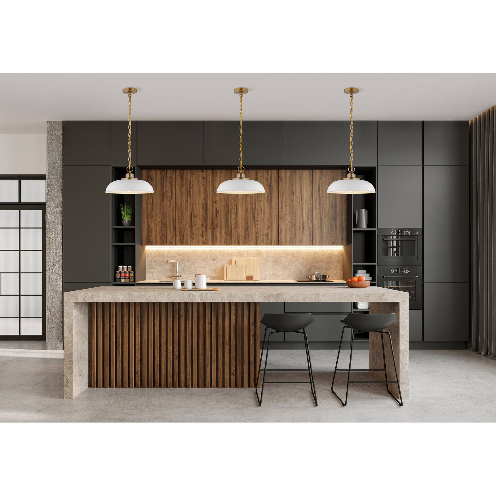 Eddy 1 - Light Single Dome Pendant, 8" H x 15" W x 15" D, Matte White/Burnished Brass