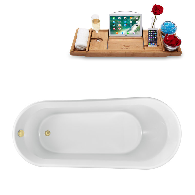 65" x 30" Freestanding Soaking Acrylic Bathtub, Polished Brass