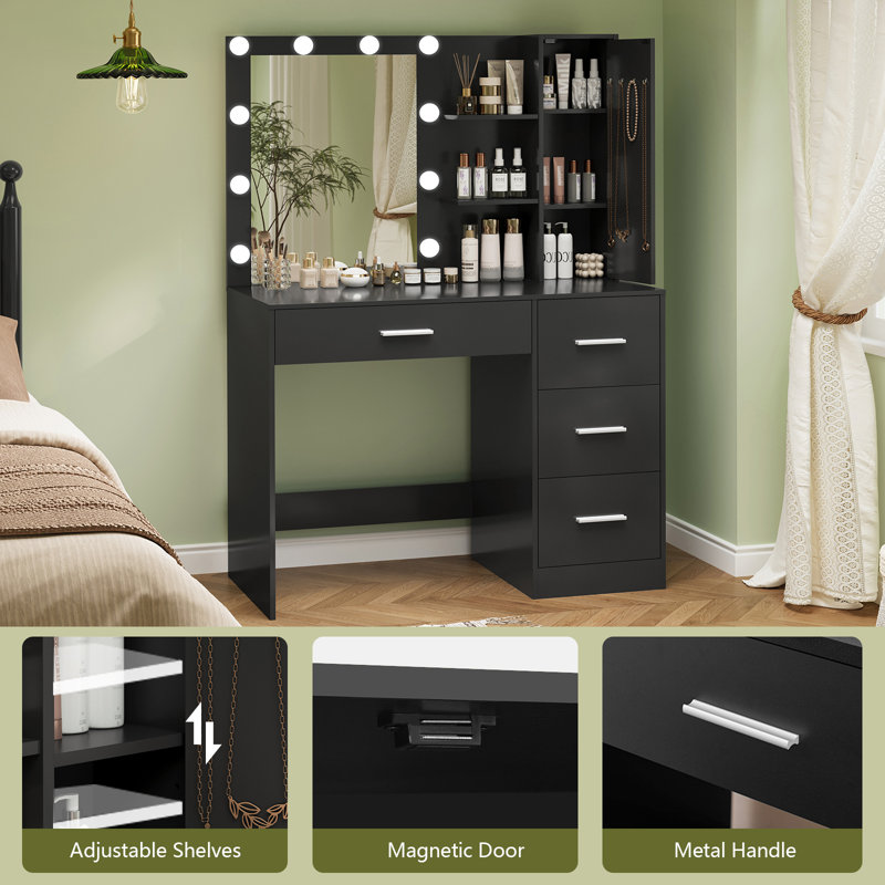 Makeup Vanity With Lighted Mirror Christmas Gifts, Vanity Desk With 4 Drawers And Open Shelves For Bedroom, Black, Black