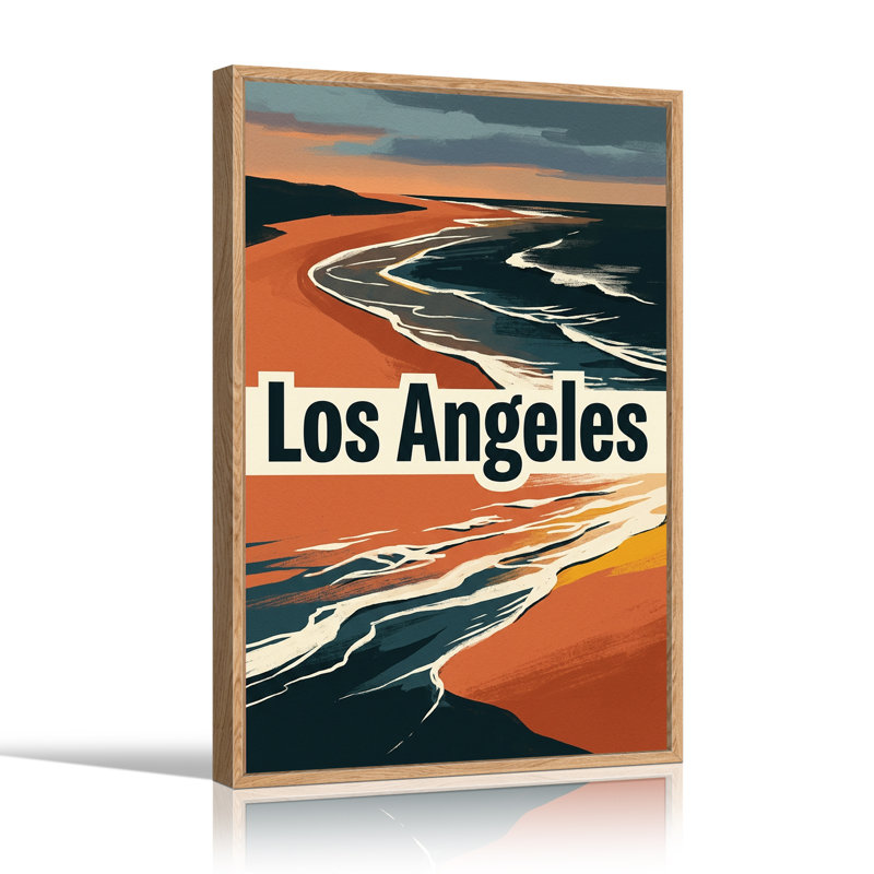 Affiche rétro Los Angeles, sable orange et vagues bleues, toile murale, H 48 po x l 32 po