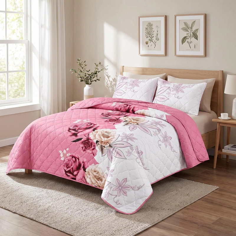 Ensemble de couvre-lit réversible 3 pièces en microfibre rose poudré à motif floral rose, avec 2 taies d'oreiller