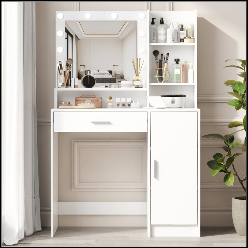 Vanity Desk With Mirror & Light, Large Drawer Three Level Storage Dresser, 3 Lighting Modes Adjustable Brightness, Bedroom Dressing Table