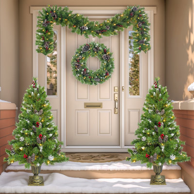Ensemble de 4 pièces de décoration de Noël artificielle illuminée, guirlande, couronne et arbres