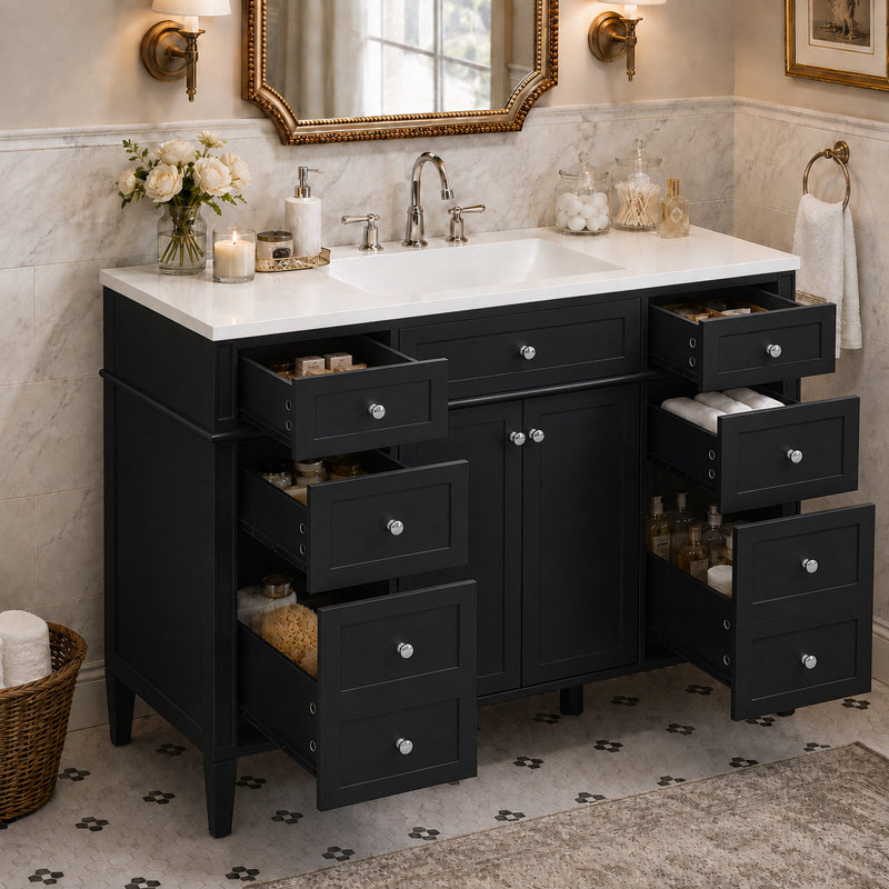 Meuble-lavabo autoportant de 48 po avec lavabo composite intégré, 6 tiroirs et 2 portes d'armoire, Noir