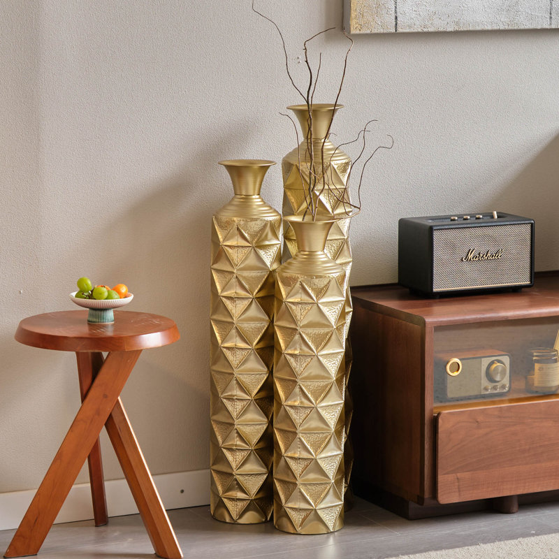 Medhansh Metal Floor Vase, Tall Large Floor Vase with Glittering Triangle Prism Design (Set of 3)